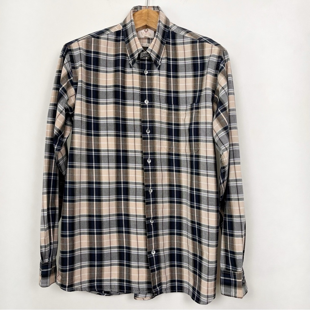Vintage Viyella Classic Beige and‎ Black Cotton Wool Plaid Shirt Size Large